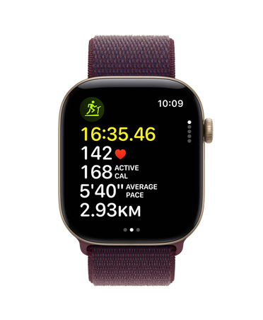 Apple Watch Series 12 in Light Gold Aluminium colour and Burgundy Band, displaying workout metrics including time, heart rate, calories, and distance