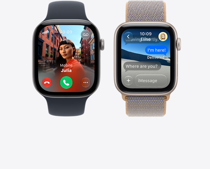 Apple Watch Series 12 devices, screens: incoming call, contact photo, accept and decline call buttons, iMessage conversation, bands: Sport Band, black colour Sport Loop, chambray blue colour (light blue-gray)