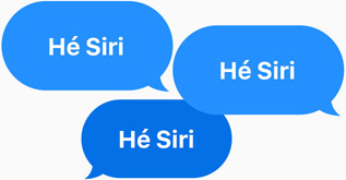 Drie blauwe tekstballonnen met de tekst ‘Hey Siri’.