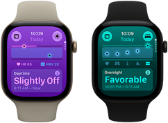 Два часовника Apple Watch Series 12: алуминиев корпус, светлозлатист цвят, жизнени показатели през деня – леки отклонения, Digital Crown, пясъчна спортна каишка; алуминиев корпус, черен цвят, жизнени показатели през нощта – добри, Digital Crown, черна спортна каишка