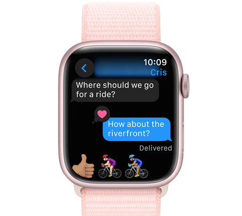 Изглед отпред на Apple Watch със съобщение.
