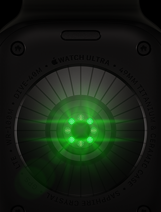 Задна част на Apple Watch Ultra 4, титанов корпус, черен цвят, множество кръгли сензори със светещи зелени LED светлини