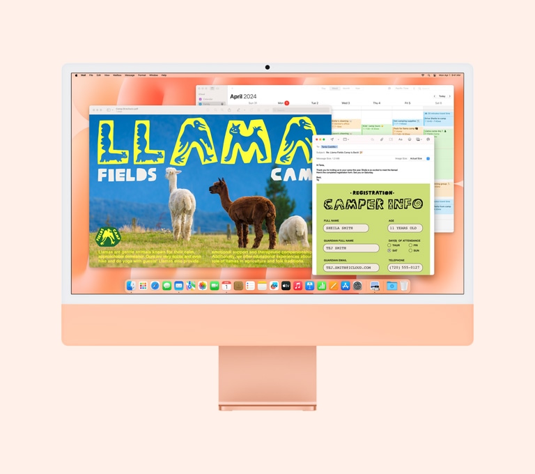 Оранжев iMac: на екрана са показани приложенията Preview, Mail и Calendar.