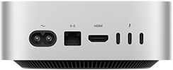 Mac mini, отзад, гнездо за захранване, Ethernet порт, HDMI порт, три Thunderbolt порта