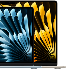 Два лаптопа MacBook Air, показващи относителните размери на екраните: 13,6 инча и 15,3 инча, измерени по диагонал