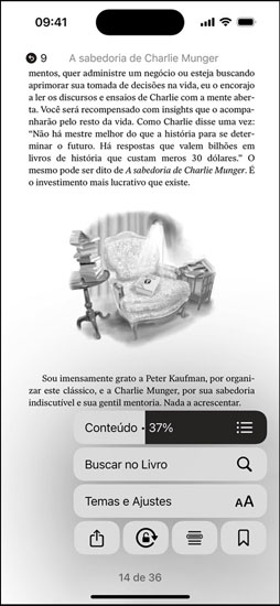 A tela do iPhone exibe a página de um livro no app Livros. As opções de aumentar o texto, Buscar no Livro e Temas e Ajustes estão sobrepostas na página