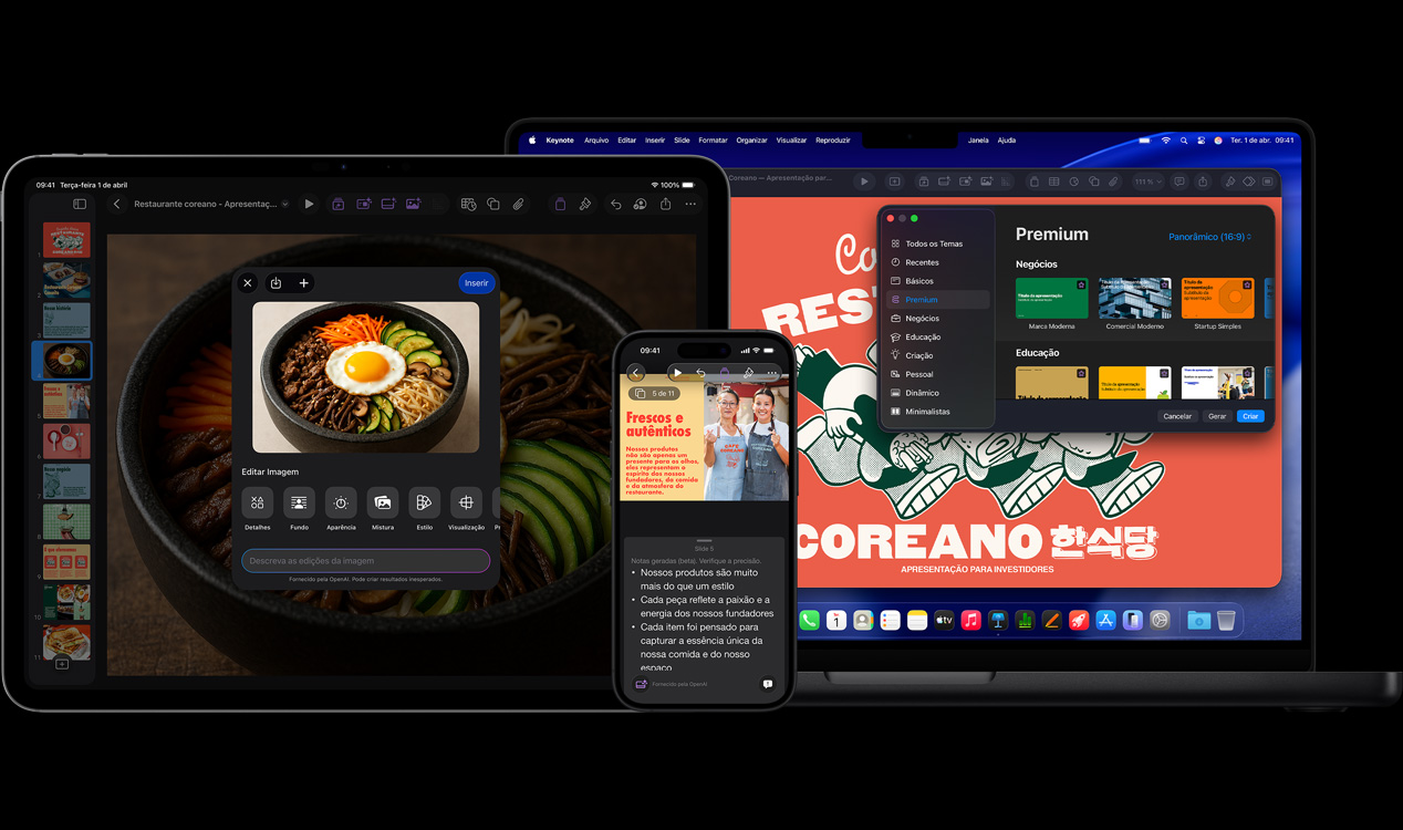 A tela do iPad Pro de 13 polegadas mostra o Keynote com uma imagem generativa de uma tigela de legumes e um ovo frito. A tela do iPhone 16 mostra o Keynote com a foto de duas mulheres e notas de apresentação. A tela do MacBook Pro de 16 polegadas mostra o Keynote com uma apresentação com a janela Tema aberta