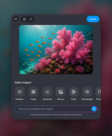 Gerar janela de imagem, imagem colorida de um recife de corais, ferramentas de edição de imagem, botão de inserção, descrever barra de edições de imagem na parte inferior
