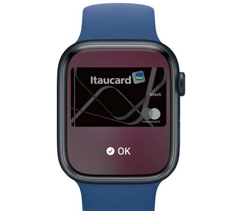 Imagem da parte da frente de um Apple Watch. Um pagamento foi feito com o Apple Pay.