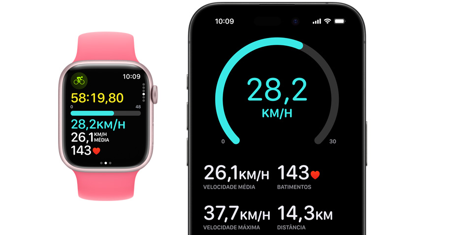 Imagem da parte da frente de um Apple Watch e um iPhone. Um treino iniciado no relógio aparece no iPhone.