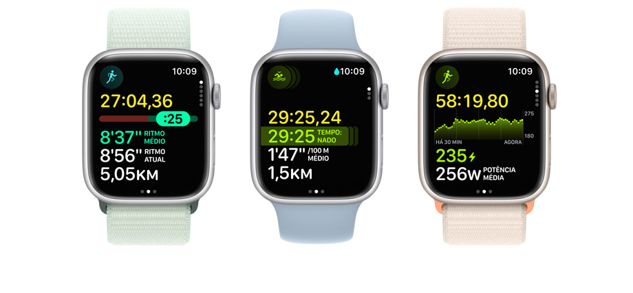 Imagem mostrando três relógios Apple Watch. Cada um mostra métricas e Visualizações do Exercício diferentes.