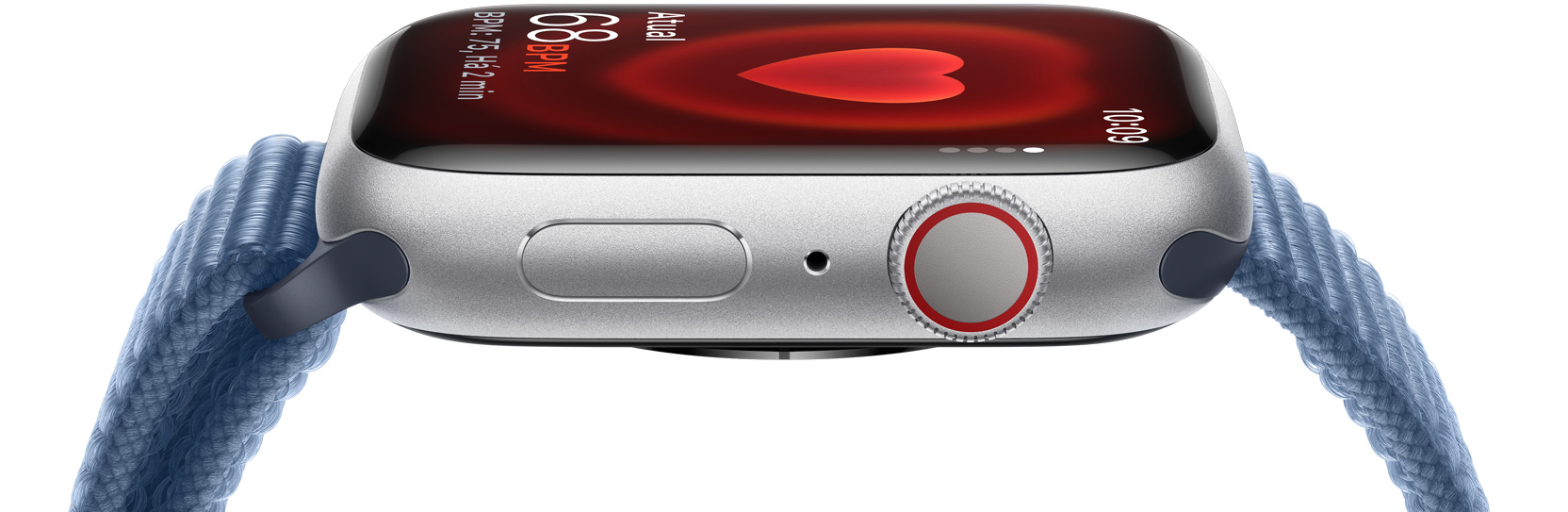 Imagem lateral de um Apple Watch mostrando uma frequência cardíaca.