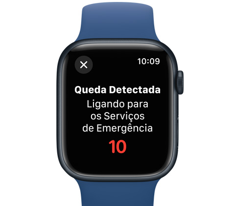 Imagem da parte da frente do Apple Watch com uma mensagem informando que os serviços de emergência serão acionados em 10 segundos.