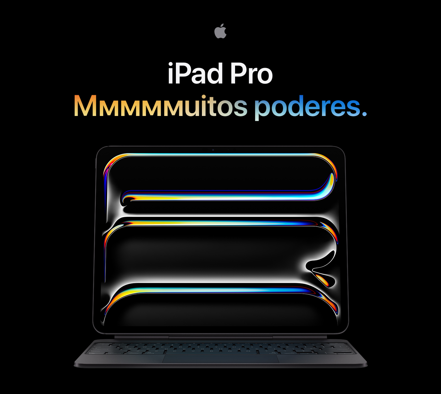 Parte da frente do iPad Pro preto-espacial na vertical, mostrando os cantos arredondados, a tela com borda preta e a palavra abstrata e colorida 'PRO' na vertical