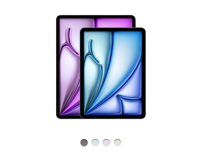 Imagem da parte da frente de dois modelos de iPad Air, um de 11 polegadas e outro de 13 polegadas. O iPad Air de 13 polegadas é mais alto e mais largo que o iPad Air de 11 polegadas. Os aparelhos têm cantos arredondados e tela com borda preta, disponíveis em quatro cores