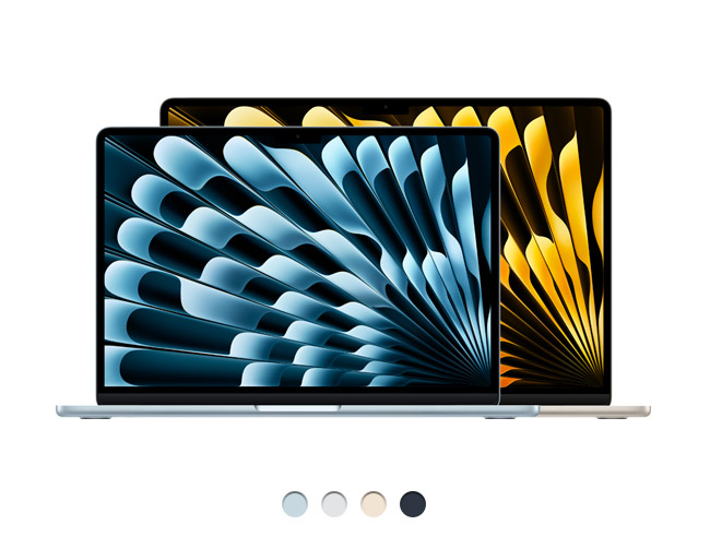 Imagem da parte da frente de dois modelos de MacBook Air, um de 13 polegadas e outro de 15 polegadas. O MacBook Air de 15 polegadas é mais alto e mais largo que o MacBook Air de 13 polegadas. São mostrados a tela Liquid Retina, os cantos arredondados e as bases elevadas. Os dois modelos estão disponíveis em quatro cores