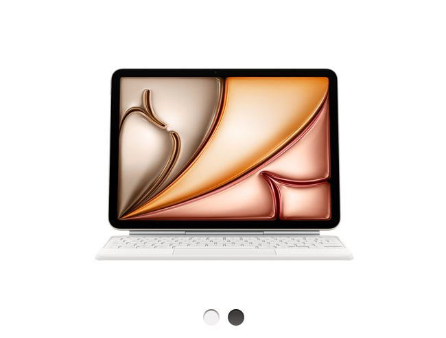 iPad Air conectado a um Magic Keyboard branco na horizontal, disponível em duas cores