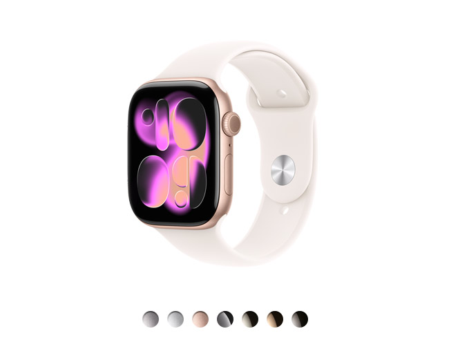 Apple Watch Series 11 com caixa rosa de alumínio, pulseira esportiva blush-clara, Digital Crown, disponível em quatro cores com caixa de alumínio e em três cores com caixa de titânio