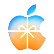O logotipo da Apple brilha na cor laranja e faz uma transição suave do laranja na parte inferior para o azul na parte superior. Fitas de presente envolvem o logotipo, formando um laço no centro