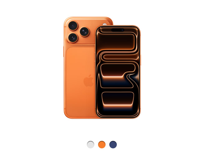 Parte de trás do iPhone 17 Pro laranja-cósmico com o sistema de câmera Fusion Pro na parte superior, logotipo da Apple no centro, parte da frente, disponível em três cores