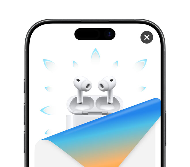 iPhone 17 com papel de presente azul na tela sendo desembrulhado, revelando os fones de ouvido sem fio AirPods Pro 3 abertos na frente e o estojo de recarga, cercados por grafismos pontiagudas na cor azul-clara.