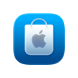Ícone do app Apple Store, quadrado azul, bordas arredondadas, sacola de compra branca com o logotipo da Apple cinza no centro