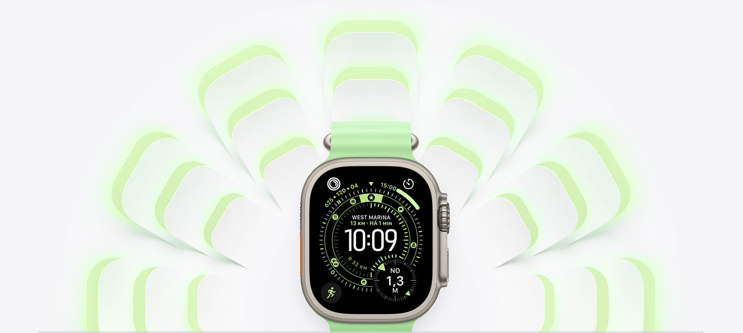 Apple Watch Ultra 3 com caixa natural de titânio e pulseira Oceano verde-néon, a Digital Crown, grafismos na mesma cor da pulseira irradiam ao fundo
