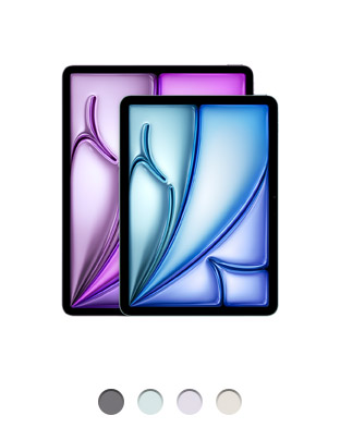 Imagem da parte da frente de dois modelos de iPad Air, um de 11 polegadas e outro de 13 polegadas. O iPad Air de 13 polegadas é mais alto e mais largo que o iPad Air de 11 polegadas. Os aparelhos têm cantos arredondados e tela com borda preta, disponíveis em quatro cores