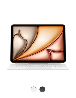 iPad Air conectado a um Magic Keyboard branco na horizontal, disponível em duas cores