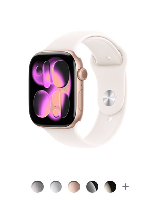 Apple Watch Series 11 com caixa rosa de alumínio, pulseira esportiva blush-clara, Digital Crown, disponível em quatro cores com caixa de alumínio e em três cores com caixa de titânio