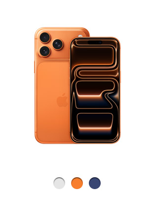 Parte de trás do iPhone 17 Pro laranja-cósmico com o sistema de câmera Fusion Pro na parte superior, logotipo da Apple no centro, parte da frente, disponível em três cores