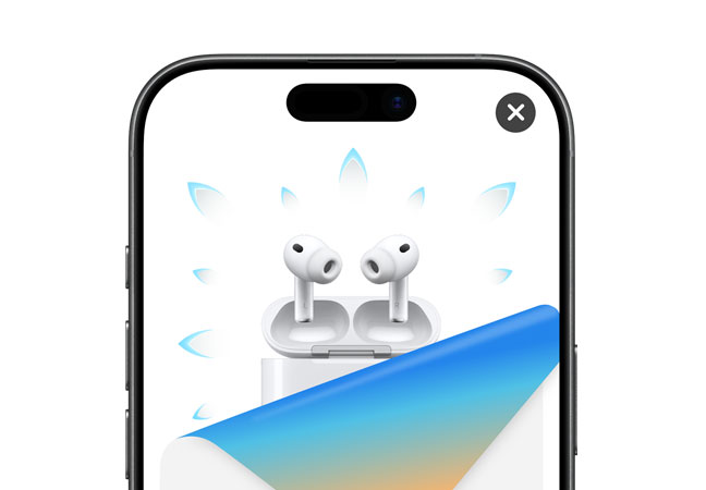 iPhone 17 com papel de presente azul na tela sendo desembrulhado, revelando os fones de ouvido sem fio AirPods Pro 3 abertos na frente e o estojo de recarga, cercados por grafismos pontiagudas na cor azul-clara.