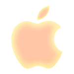 O logotipo da Apple brilha na cor laranja e faz uma transição suave do laranja na parte inferior para o azul na parte superior. Fitas de presente envolvem o logotipo, formando um laço no centro
