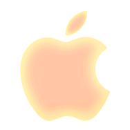 O logotipo da Apple brilha na cor laranja e faz uma transição suave do laranja na parte inferior para o azul na parte superior. Fitas de presente envolvem o logotipo, formando um laço no centro