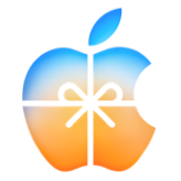 Um espectro de cores flui na parte superior da tela em azul, laranja e amarelo, o logotipo da Apple está envolto por um laço, com uma transição suave de cores: do azul frio na parte superior ao laranja quente na parte inferior