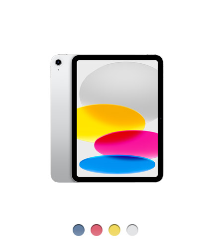 Parte de trás do iPad de 11 polegadas na cor prateada com câmera de lente única. Parte da frente com borda preta, cantos arredondados e tela de ponta a ponta, disponível em quatro cores