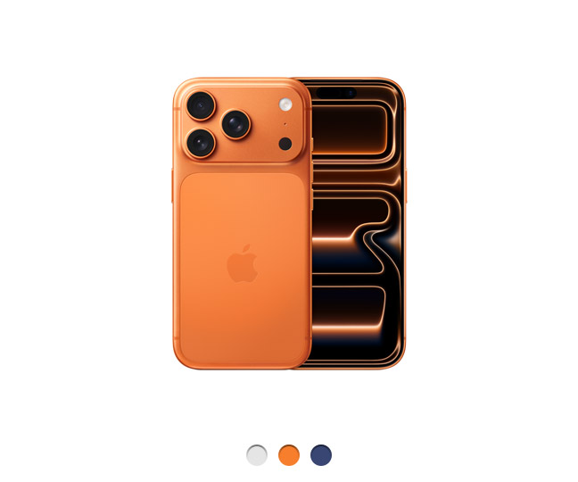 Parte de trás do iPhone 17 Pro laranja-cósmico com o sistema de câmera Fusion Pro no canto superior esquerdo, três lentes, flash e logotipo da Apple no centro. Parte da frente com Dynamic Island centralizada perto da parte superior, tela de ponta a ponta, disponível em três cores