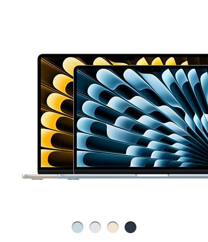 Parte da frente do MacBook Air de 15 polegadas na cor estelar e do MacBook Air de 13 polegadas na cor prateada, os dois abertos mostrando a tela, o trackpad no centro da frente e pés arredondados nas bases, disponíveis em quatro cores