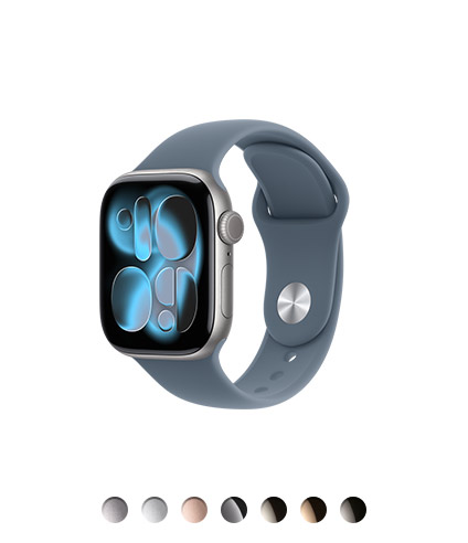 Parte da frente do Apple Watch Series 11 com caixa cinza-espacial de alumínio, pulseira esportiva azul-âncora, Digital Crown, microfone com Isolamento de Voz e botão lateral, disponível em quatro cores com caixa de alumínio e em três cores com caixa de titânio