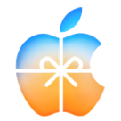 Um espectro de cores flui na parte superior da tela em azul, laranja e amarelo, o logotipo da Apple está envolto por um laço, com uma transição suave de cores: do azul frio na parte superior ao laranja quente na parte inferior