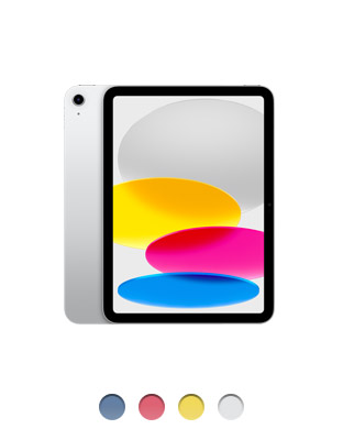 Parte de trás do iPad de 11 polegadas na cor prateada com câmera de lente única. Parte da frente com borda preta, cantos arredondados e tela de ponta a ponta, disponível em quatro cores