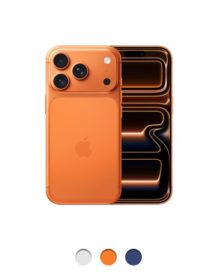 Parte de trás do iPhone 17 Pro laranja-cósmico com o sistema de câmera Fusion Pro no canto superior esquerdo, três lentes, flash e logotipo da Apple no centro. Parte da frente com Dynamic Island centralizada perto da parte superior, tela de ponta a ponta, disponível em três cores