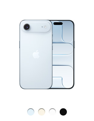 Parte de trás do iPhone Air azul-céu com sistema de câmera de lente única no canto superior esquerdo e logotipo da Apple no centro. Parte da frente com Dynamic Island centralizada perto da parte superior, tela fina com borda preta e tela de ponta a ponta, disponível em quatro cores