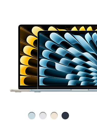 Parte da frente do MacBook Air de 15 polegadas na cor estelar e do MacBook Air de 13 polegadas na cor prateada, os dois abertos mostrando a tela, o trackpad no centro da frente e pés arredondados nas bases, disponíveis em quatro cores