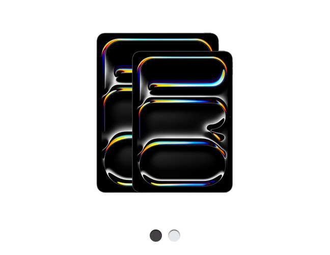 Imagem da parte da frente do iPad Pro de 13 polegadas e do iPad Pro de 11 polegadas com cantos arredondados e borda preta, disponíveis em duas cores