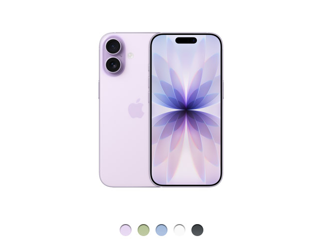Parte de trás do iPhone 17 lavanda com sistema de câmera dupla Fusion e logotipo da Apple no centro, parte da frente com tela de ponta a ponta, Dynamic Island centralizada perto da parte superior e borda fina preta. Disponível em cinco cores