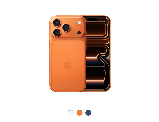 Parte de trás do iPhone 17 Pro laranja-cósmico com o sistema de câmera Fusion Pro no canto superior esquerdo, três lentes, flash e logotipo da Apple no centro. Parte da frente com Dynamic Island centralizada perto da parte superior, tela de ponta a ponta, disponível em três cores