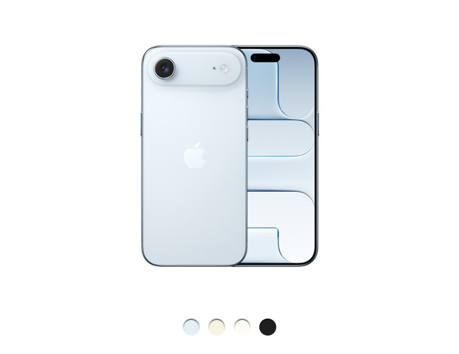 Parte de trás do iPhone Air azul-céu com sistema de câmera Fusion e logotipo da Apple no centro, parte da frente com tela com borda fina preta e Dynamic Island, botão lateral e Controle da Câmera. Disponível em quatro cores