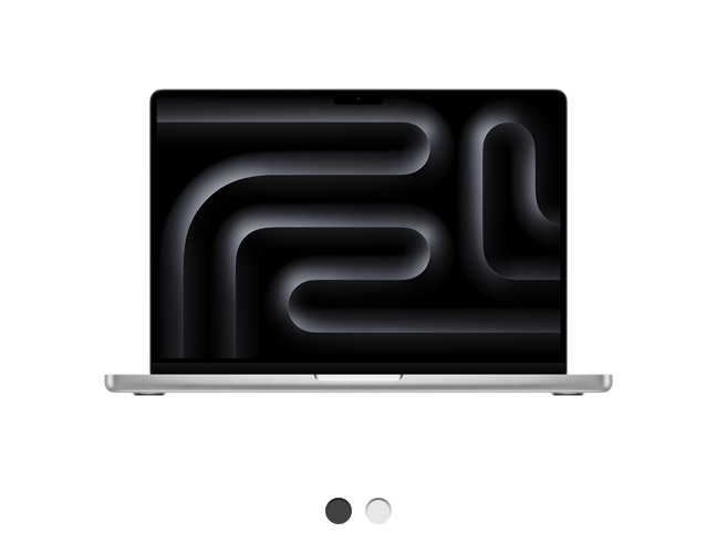 MacBook Pro prateado aberto mostrando a tela Liquid Retina XDR, bordas arredondadas e pés elevados. Disponível em duas cores