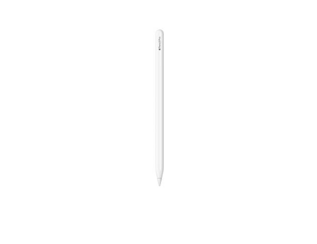 Apple Pencil Pro branco com uma gravação que inclui o logotipo da Apple e as palavras Pencil Pro